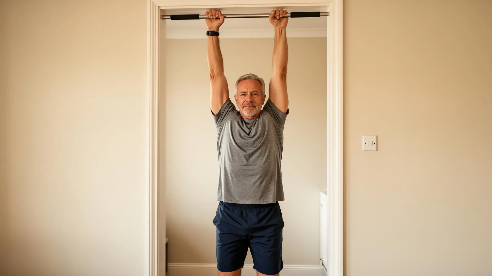 An adult over 50 performing a supported dead hang at home